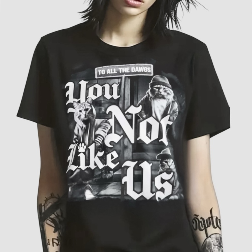 ODM Art Cats Graphic Tee You Not Like Us 100% Cotton Black NWT
